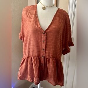 Blu Pepper • Striped Rust Orange Brown Babydoll Button Down Top NWT